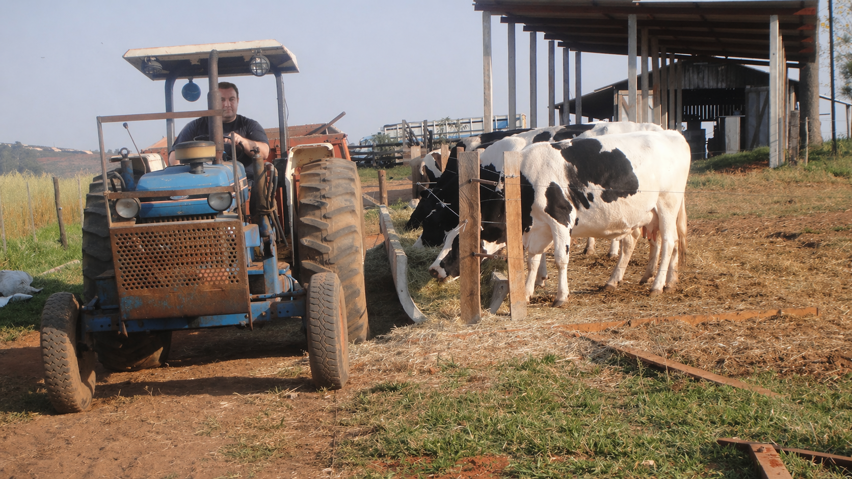Tratorista ao lado de vacas em ambiente de fazenda, representando a fase de trabalho que marcou a história da Hilux