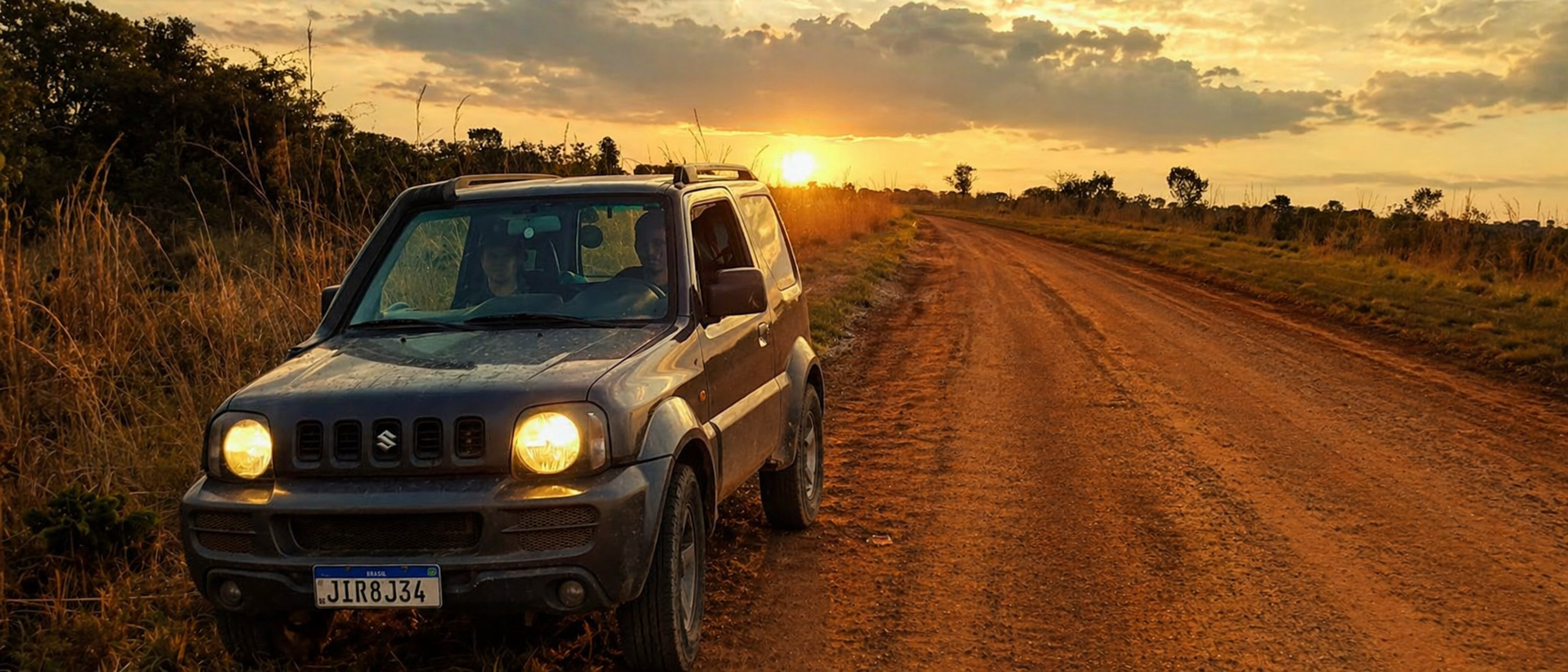 Suzuki Jimny ao pôr do sol em uma expedição